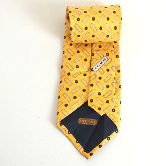 Coach Mens Necktie Tie Yellow Geometric 100% Silk Hand Sewn 4' Wide x 59" Long - Picture 2 of 7